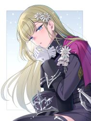 1girl ascot asihapon black_hat blonde_hair blue_background blue_eyeshadow border clarice_(rune_factory) commentary_request eyeshadow flower gloves grey_eyes hair_flower hair_ornament hat long_hair looking_at_viewer makeup open_mouth outside_border peaked_cap rune_factory rune_factory:_guardians_of_azuma sitting snowing solo unworn_hat unworn_headwear white_ascot white_border white_flower white_gloves