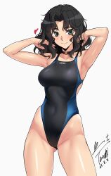1girl absurdres adjusting_hair amagami armpits arms_behind_head arms_up artist_name bare_arms bare_legs bare_shoulders black_eyes black_hair black_one-piece_swimsuit blush breasts competition_swimsuit covered_navel curly_hair curtained_hair dated full_body highleg highleg_one-piece_swimsuit highres large_breasts looking_at_viewer loose_hair_strand messy_hair one-piece_swimsuit presenting_armpit signature simple_background smile solo standing swimsuit tanamachi_kaoru thighs wavy_hair white_background yoo_tenchi