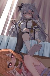 2girls :q asymmetrical_legwear black_thighhighs blue_eyes blush crossed_legs curtains feet gag grey_hair hair_ornament hairclip heart heart-shaped_pupils highres hololive hololive_dev_is hololive_indonesia ichijou_ririka ichijou_ririka_(1st_costume) improvised_gag indoors kanamirat kneehighs long_hair mismatched_legwear multiple_girls on_bed on_floor orange_eyes orange_hair over-kneehighs socks soles soles_of_feet_in_socks symbol-shaped_pupils tape tape_gag thighhighs toes toes_visible_through_clothing tongue tongue_out vestia_zeta vestia_zeta_(1st_costume) virtual_youtuber white_socks yuri