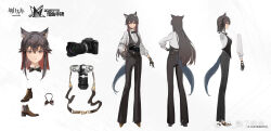 1girl ambience_synesthesia animal_ear_fluff animal_ears arknights artist_name black_bow black_bowtie black_gloves black_hair black_pants black_vest bow bowtie brown_shoes camera chinese_commentary collared_shirt commentary_request concept_art copyright_name earrings from_side gloves hair_between_eyes hair_flaps highres holding holding_camera jewelry long_hair long_sleeves multiple_views official_alternate_costume official_art pants profile puffy_long_sleeves puffy_sleeves reference_sheet shirt shoes shule_de_yu sidelocks tail texas_(arknights) three-quarter_sleeves vest white_shirt wolf_ears wolf_girl wolf_tail