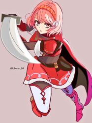 1girl armor braid fire_emblem fire_emblem_engage fuburon_84 grey_hairband hairband lapis_(fire_emblem) looking_at_viewer nintendo pink_eyes pink_hair red_armor red_hairband ribbon short_hair side_braid solo two-tone_hairband white_ribbon