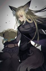 2girls absurdres animal_ear_fluff animal_ears arknights black_jacket blue_bow bow braid braided_hair_rings chromatic_aberration closed_mouth commentary es_(es_f0x) fox_ears fox_girl fox_tail from_behind hair_bow hair_rings highres jacket kitsune kyuubi long_hair looking_back mother_and_daughter multiple_girls multiple_tails orange_eyes short_hair suzuran_(arknights) symbol-only_commentary tail twin_braids vulpisfoglia_(arknights)