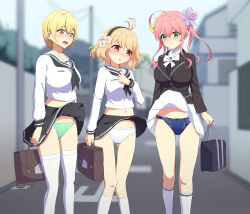 Rule 34 | 3girls, absurdres, apricot (flower knight girl), black hairband, black jacket, black neckerchief, black sailor collar, black skirt, blonde hair, blue panties, blurry, blurry background, blush, breasts, flower, flower knight girl, green eyes, green panties, hair flower, hair ornament, hairband, highres, jacket, large breasts, long hair, long sleeves, looking at another, looking down, medium breasts, medium hair, multiple girls, navel, neckerchief, open mouth, outdoors, panties, pink hair, red eyes, ribbon, saffron (flower knight girl), sailor collar, sakamata (sakamata4), school uniform, shirt, short hair, skirt, socks, suiren (flower knight girl), thighhighs, underwear, white panties, white ribbon, white shirt, white skirt, white socks, white thighhighs, wind, wind lift, yellow eyes