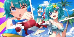 1girl alle_gro alternate_costume arm_garter beach bikini bikini_top_only blue_bikini blue_eyes blue_hair blue_shorts blue_sky breasts cleavage closed_umbrella cloud collarbone commentary day denim english_commentary game_cg hair_ornament heterochromia highres holding holding_umbrella jeans karakasa_obake midriff multiple_views navel official_art open_mouth outdoors palm_tree pants pearl_hair_ornament red_eyes shell_hair_ornament shorts sky smile star_(symbol) star_hair_ornament striped_bikini striped_clothes swimsuit tatara_kogasa tatara_kogasa_(beach_umbrella_castaway) teeth third-party_source touhou touhou_lostword tree umbrella upper_teeth_only white_bikini