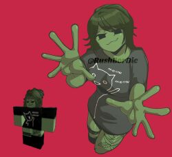 1girl :3 black_shirt black_thighhighs closed_mouth colored_skin commentary commission cowboy_shot english_commentary fred_durst green_eyes green_hair green_skin highres hugo_(rushbordie) limp_bizkit long_hair looking_at_viewer player_character_(roblox) red_background reference_inset roblox shirt simple_background smile solo thighhighs