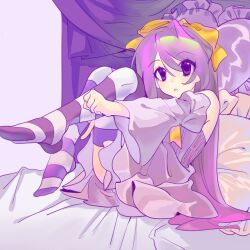 Rule 34 | 1girl, blush, chinese commentary, clenched hand, commentary request, curtains, detached sleeves, dress, frilled pillow, frills, full body, hair ribbon, heart, heart-shaped pillow, highres, knees up, long hair, long sleeves, looking at viewer, mianfeng, no shoes, on bed, open mouth, outstretched arm, pillow, purple dress, purple eyes, purple hair, purple sleeves, purple thighhighs, ribbon, short dress, sitting, sleeveless, sleeveless dress, solo, striped clothes, striped thighhighs, thighhighs, utane oto, utau, yellow ribbon