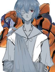 1girl 8gura_is arm_sling ayanami_rei bandages blue_hair closed_mouth eva_00 expressionless hair_between_eyes highres mecha neon_genesis_evangelion red_eyes robot school_uniform tokyo-3_middle_school_uniform