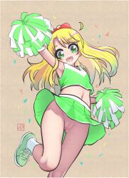 1girl absurdres arm_up armpits blonde_hair bow cheerleader confetti elementary_(lolipope) gluteal_fold green_eyes green_shirt green_shoes green_skirt groin hair_bow highres himesaka_noa leg_up loli long_hair midriff miniskirt navel no_panties open_mouth pom_pom_(cheerleading) ponytail pussy ribbon shirt shoes skirt sleeveless sleeveless_shirt smile socks solo stomach thigh_gap thighs watashi_ni_tenshi_ga_maiorita! white_socks wind wind_lift