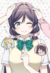 3girls ayase_eli black_hair blonde_hair blush bow bowtie breasts closed_eyes closed_mouth collared_shirt diagonal-striped_bow diagonal-striped_bowtie diagonal-striped_clothes flying_sweatdrops green_bow green_bowtie green_eyes hair_bow headpat image_in_speech_bubble long_hair love_live! love_live!_school_idol_project low_twintails multiple_girls one_eye_closed otonokizaka_school_uniform ponytail purple_hair red_bow school_uniform shirt short_sleeves smile speech_bubble striped_clothes summer_uniform surufuji tojo_nozomi twintails twitter_username upper_body vest white_shirt yazawa_nico yellow_vest