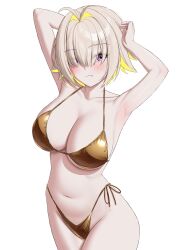 1girl absurdres ahoge armpits arms_up bikini blonde_hair breasts cleavage commentary cowboy_shot doenji_(auto7233) elegg_(nikke) goddess_of_victory:_nikke gold_bikini hair_intakes highres large_breasts looking_at_viewer navel purple_eyes revision short_hair simple_background solo stomach swimsuit thighs white_background