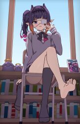 1girl absurdres ao-chan_(ninomae_ina&#039;nis) barefoot black_nails black_ribbon black_skirt black_socks blue_eyes blunt_bangs blush classroom collared_shirt colored_inner_hair commentary crossed_legs day feet full_body gradient_hair grey_sweater hand_up highres holding_sock hololive hololive_english indoors kneehighs looking_at_viewer medium_hair miniskirt mole mole_under_eye multicolored_hair nail_polish neck_ribbon ninomae_ina&#039;nis ninomae_ina&#039;nis_(school_uniform) no_shoes official_alternate_costume official_alternate_hairstyle on_chair open_mouth orange_hair pink_hair plaid_clothes plaid_skirt pleated_skirt pointy_ears purple_hair ribbon school_uniform shirt side_ponytail sidelocks single_bare_foot single_sock_removed sitting skirt socks soles solo sweater takodachi_(ninomae_ina&#039;nis) tentacle_hair toes unworn_socks v-neck virtual_youtuber white_shirt x-ray x_xith_x
