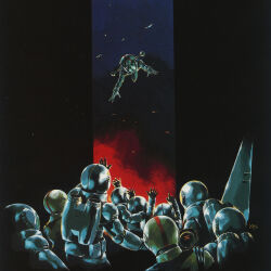 1980s_(style) a_baoa_qu amuro_ray astronaut bright_noa crowd debris fake_screenshot fraw_bow gloves good_end gundam hayato_kobayashi helmet jetpack kai_shiden katz_kobayashi kikka_kitamoto letz_cofan looking_at_viewer mirai_yashima mobile_suit_gundam multiple_boys multiple_girls oldschool production_art retro_artstyle sayla_mass scan science_fiction signature space spacesuit spoilers traditional_media yasuhiko_yoshikazu zero_gravity