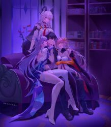 1boy 3girls absurdres arm_pouch asymmetrical_legwear bare_shoulders black_boots black_collar black_horns black_jacket black_pants black_pouch black_thighhighs bookshelf boots braid breasts button_gap cantarella_(wuthering_waves) changli_(wuthering_waves) chest_harness chinese_commentary collar colored_extremities commentary_request couch curled_horns dress grey_hair grey_shirt hair_between_eyes hair_extensions hair_ornament harness high_heels highres horns indoors jacket kneehighs large_breasts legwear_cutout long_hair looking_at_another male_rover_(wuthering_waves) multicolored_hair multiple_girls necktie on_couch pants pink_hair purple_hair red_eyes red_hands red_necktie ring_hair_extensions rover_(wuthering_waves) shirt shoes single_kneehigh single_sock single_thighhigh sitting skaven_gongcheng_shushi smile socks thigh_strap thighhighs tongue tongue_out twin_braids two-tone_hair uneven_legwear very_long_hair white_dress white_hair white_shirt white_shoes white_socks white_thighhighs wuthering_waves yellow_eyes zani_(wuthering_waves)