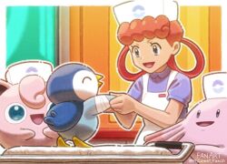 1girl :d apron bandaged_arm bandages chansey commentary_request gen_1_pokemon gen_4_pokemon hair_rings happy hat highres indoors jigglypuff joy_(pokemon) komepan long_hair nintendo open_mouth outline piplup pokemon pokemon_(creature) shirt short_sleeves smile twitter_username white_apron white_hat