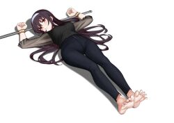 1girl absurdres arms_up barefoot black_hair black_pants black_shirt bound bound_wrists breasts clenched_hands closed_mouth full_body hairband highres kasumigaoka_utaha large_breasts long_hair long_sleeves lying odst642 on_back pants red_eyes saenai_heroine_no_sodatekata shirt shirt_tucked_in simple_background soles solo tight_clothes tight_pants toes very_long_hair white_background white_hairband