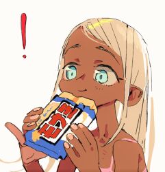 ! 1girl :t bare_shoulders blonde_hair blue_eyes camisole closed_mouth dark-skinned_female dark_skin eating food hands_up holding holding_food idolmaster idolmaster_cinderella_girls layla_(idolmaster) monaou pink_camisole pinky_out raised_eyebrows shimura_nobuo simple_background skinny smirk solo swept_bangs upper_body white_background