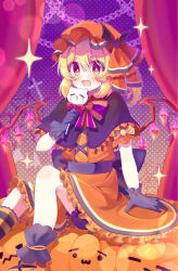 1girl back_bow bat_hair_ornament black_bow black_capelet black_gloves blonde_hair bow candy capelet chain cross dress flandre_scarlet food frilled_dress frills gloves hair_ornament halloween hat highres holding holding_candy holding_food holding_lollipop kudamono25253 lollipop mob_cap orange_dress orange_eyes orange_headwear pumpkin silk spider_web touhou