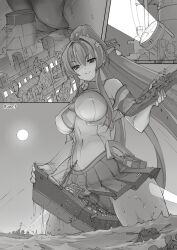 1girl 6+boys absurdres anchor black_panties breasts cameltoe collar commission destroyer destruction giant giantess hair_intakes hair_petal headgear heavy_cruiser helmet highres hip_vent kantai_collection large_breasts lifeboat long_hair metal_collar military military_vehicle monochrome multiple_boys multiple_views night oar ocean_liner panties passenger_ship pleated_skirt ponytail rms_queen_mary searchlight seo_tatsuya ship skeb_commission skirt smile smug solo_focus straddling suggestive_fluid underwear very_long_hair warship watercraft waves yamato_(kancolle)