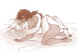 1futa 1girl ahoge bed dark-skinned_female dark_skin futanari gundam gundam_suisei_no_majo highres hug implied_futanari jewelry leg_lock long_hair miorine_rembran monochrome multiple_girls nude pillow red_hair ring suletta_mercury sunspicepie thick_eyebrows wedding_band white_background white_hair yuri