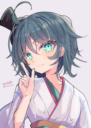 1girl :3 absurdres ahoge aqua_eyes green_hair hat highres hizaka kantai_collection looking_at_viewer matsukaze_(kancolle) medium_hair meiji_schoolgirl_uniform mini_hat solo top_hat twitter_username upper_body