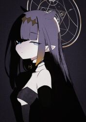1girl black_background black_dress blue_eyes blunt_bangs breasts bright_pupils closed_mouth commentary_request diamond_hairband dot_nose dress expressionless film_grain from_side fur-trimmed_collar fur_trim gradient_hair half-closed_eyes halo highres hololive hololive_english long_hair long_pointy_ears looking_at_viewer lumina_(1umin4) multicolored_hair ninomae_ina&#039;nis ninomae_ina&#039;nis_(1st_costume) orange_hair pointy_ears purple_hair shade sidelocks small_breasts solo strapless strapless_dress tentacle_hair two-tone_hair upper_body very_long_hair virtual_youtuber white_pupils yellow_halo