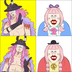 1boy 2girls bandages bandages_over_eyes black_gloves black_hat blunt_bangs blush_stickers braided_sidelock charlotte_chiffon commentary_request cyu_se drakeposting_(meme) eyelashes facial_hair fake_horns gloves goatee hair_ribbon hat helmet horned_helmet horns loki_(one_piece) lola_(one_piece) long_hair meme multiple_girls one_piece pink_hair red_lips ribbon siblings sisters twintails upper_body