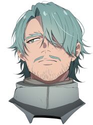 1boy absurdres beard_stubble challia_bull choco_(chocovix112) closed_mouth commentary_request cropped_shoulders facial_hair grey_eyes grey_hair gundam gundam_gquuuuuux hair_over_one_eye highres looking_to_the_side male_focus mustache one_eye_covered short_hair sideways_glance simple_background solo stubble thick_eyebrows white_background
