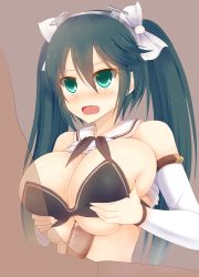 10s 1girl bare_shoulders blush breasts_squeezed_together breasts detached_sleeves facominn fang green_eyes green_hair hair_ornament hair_ribbon highres isuzu_(kancolle) kantai_collection large_breasts long_hair open_mouth paizuri penis ribbon sailor_collar solo_focus sweat twintails uncensored