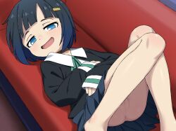 1girl aged_down anus anus_peek ass blue_eyes blue_hair breasts cleft_of_venus clothes_lift female_focus happy legs_up loli looking_at_viewer no_panties nose on_bed open_mouth pussy school_uniform shino_(shinokani) shinonome_akira short_hair shuumatsu_train_doko_e_iku? skirt skirt_lift small_breasts smile solo