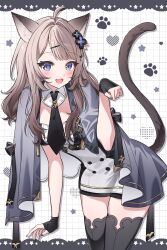1girl absurdres ahoge animal_ear_fluff animal_ears black_gloves black_necktie black_shorts black_thighhighs blue_eyes blush breasts brown_hair cat_ears cat_girl cat_tail cloak collar commission dress fang fingerless_gloves gloves hair_between_eyes hair_ornament highres long_hair looking_at_viewer necktie open_mouth original poi1107 shorts shorts_under_dress skeb_commission smile solo tail thighhighs white_dress