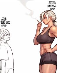 1boy 1girl abs absurdres chainsaw_man cigarette english_text eyepatch hand_on_own_hip height_difference highres mature_female muscular muscular_female navel nervous_sweating parody ponytail quanxi_(chainsaw_man) redteneri short_shorts shorts size_difference smoke smoking sports_bra sportswear sweat tall_female thick_thighs thighs white_hair