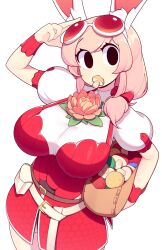 1girl absurdres animal_ear_fluff animal_ears arm_up bag belt_pouch black_eyes bow breasts commentary cowboy_shot english_commentary eyes_visible_through_hair fiz_(fizintine) fizintine flower goggles goggles_on_head hair_bow hair_over_shoulder highres holding holding_bag large_breasts long_hair looking_at_viewer monster_hunter_(series) monster_hunter_wilds mouth_hold mushroom no_pupils original pink_hair pouch puffy_short_sleeves puffy_sleeves rabbit_ears rabbit_girl red-framed_eyewear red_bow short_sleeves simple_background solo white_background wrist_cuffs
