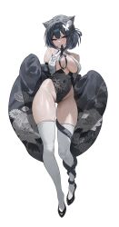 1girl absurdres animal_ear_fluff animal_ears black_hair black_leotard black_shoes blue_eyes blue_hair blue_ribbon blush breasts breasts_apart butterfly_hair_ornament cat_ears cat_girl cat_tail colored_inner_hair commentary covered_navel double-parted_bangs floral_print full_body gluteal_fold grin hair_between_eyes hair_ornament highleg highleg_leotard highres large_breasts leotard looking_at_viewer mole mole_on_thigh mole_under_mouth mouth_hold multicolored_hair o-ring original ribbon shoes short_hair simple_background skindentation smile solo standing tail tail_around_own_leg thighhighs two-tone_hair white_background white_thighhighs zutsuyaku