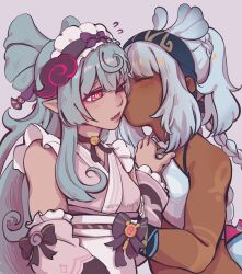 2girls aqua_hair bare_shoulders black_choker blue_hairband choker closed_eyes dark_skin detached_sleeves fang genshin_impact grey_background hairband highres japanese_clothes kimono mualani_(genshin_impact) multiple_girls pink_eyes pink_kimono pointy_ears purple_hairband sidelocks simple_background sleeveless sleeveless_kimono upper_body wem_(wemming9) yumemizuki_mizuki yuri
