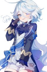 1girl absurdres antenna_hair ascot asymmetrical_gloves black_gloves blue_ascot blue_bow blue_brooch blue_coat blue_eyes blue_hair blush bow bright_pupils coat coat_bow commentary cowboy_shot crying crying_with_eyes_open furina_(genshin_impact) furrowed_brow genshin_impact gloves hair_intakes hand_up heterochromia highres light_blue_hair long_hair long_sleeves looking_at_viewer mismatched_gloves mismatched_pupils mochizuki_mochi multicolored_hair no_headwear open_clothes open_coat open_mouth shirt short_shorts shorts simple_background solo tearing_up tears thigh_strap thighs two-tone_hair very_long_hair wavy_hair wavy_mouth white_background white_gloves white_pupils white_shirt white_shorts