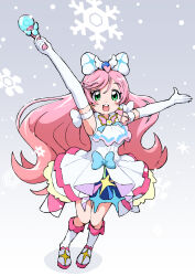 1girl :d arm_bow arms_up ascot blue_ascot blue_bow boots bow brooch cure_prism dress dress_bow earrings elbow_gloves full_body gloves green_eyes grey_background hair_bow hair_ornament heart heart_hair_ornament highres hirogaru_sky!_precure jewelry knee_boots long_hair looking_at_viewer magical_girl multicolored_ascot nijigaoka_mashiro open_mouth pink_ascot pink_hair precure sky_mirage sleeveless sleeveless_dress smile solo standing teeth upper_teeth_only very_long_hair white_ascot white_boots white_bow white_dress white_gloves wing_hair_ornament yakizakana10967