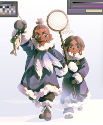 Rule 34 | 1boy, 1girl, aged down, animal, avatar: the last airbender, avatar legends, blue eyes, brother and sister, brown hair, dark-skinned female, dark-skinned male, dark skin, fish, fishing net, gymnopedies2, highres, holding, holding animal, holding fish, hood, hood down, katara, looking at viewer, parka, ponytail, short hair, siblings, smile, snow, sokka, topknot, white fur