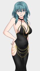 1girl alisa_(vallurite) alternate_costume bare_arms bare_shoulders black_choker black_dress blue_eyes blue_hair breasts female_byleth_(fire_emblem) chain choker cleavage commentary dress english_commentary feet_out_of_frame fire_emblem fire_emblem:_three_houses gold_chain grey_background grin highres large_breasts long_hair looking_at_viewer meme_attire modakawa_dress nintendo simple_background sleeveless sleeveless_dress smile solo standing