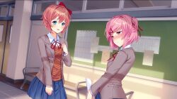 Rule 34 | 2girls, :d, arched back, averting eyes, bench, blazer, blue eyes, blue skirt, blush, bow, breasts, brown hair, brown sweater vest, bulletin board, buttons, calendar (object), collared shirt, commentary, cowboy shot, curled fingers, doki doki literature club, doki doki literature club plus, doki doki literature club school uniform, door, dot nose, double-parted bangs, dress shirt, dutch angle, embarrassed, english commentary, eyebrows hidden by hair, flustered, from side, furrowed brow, game cg, grey jacket, hair bow, hair intakes, hair ornament, hair ribbon, half-closed eyes, hallway, hand on own chest, highres, holding, holding paper, jacket, long eyelashes, long sleeves, looking at another, looking to the side, lucidsky, medium breasts, miniskirt, multiple girls, narrowed eyes, natsuki (doki doki literature club), neck ribbon, non-web source, nose blush, official art, open clothes, open jacket, open mouth, paper, parted bangs, parted hair, pink eyes, pink hair, pleated skirt, raised inner eyebrows, red bow, red ribbon, ribbon, satchely, sayori (doki doki literature club), school uniform, shirt, short hair, sidelocks, skirt, small breasts, smile, sparkling eyes, squchan, sweater vest, tareme, thick eyelashes, tile floor, tiles, two side up, v-neck, v arms, wavy hair, white shirt, window, wing collar, x hair ornament