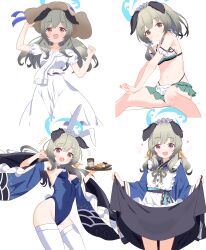 Rule 34 | 1girl, absurdres, alternate costume, animal ear hairband, animal ears, apron, bare arms, bare shoulders, bikini, bikini skirt, black skirt, blue archive, blue halo, blue kimono, blue leotard, blue sleeves, blush, breasts, brown eyes, brown hat, closed mouth, clothes lift, cosplay, cup, detached sleeves, dog ears, dog girl, dress, fake animal ears, fake tail, food, green hair, green skirt, hairband, halo, hat, highleg, highleg leotard, highres, holding, holding tray, japanese clothes, kimono, leotard, long hair, long sleeves, looking at viewer, maid apron, maid headdress, masushi masashi, official alternate costume, open mouth, rabbit ear hairband, rabbit ears, rabbit tail, short sleeves, skirt, skirt lift, smile, strapless, strapless leotard, swimsuit, tail, thighhighs, toki (blue archive), toki (blue archive) (cosplay), toki (bunny) (blue archive), tray, umika (blue archive), umika (swimsuit) (blue archive), white apron, white bikini, white dress, white hairband, white thighhighs, wide sleeves