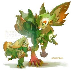 absurdres animal_ear_fluff animal_ears animal_feet claws colored_sclera colored_tongue creature creature_focus curled_tail green_eyes green_fur highres large_ears looking_at_another narumi_hyou no_humans original petals signature size_difference white_fur yellow_sclera yellow_tongue