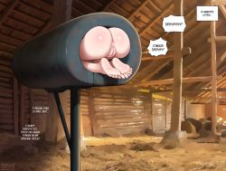 1girl ass barn breeding_mount broom english_text fellatrix female_focus from_behind heterochromia highres loli nude overalls presenting presenting_anus presenting_pussy pussy red_hair short_hair solo suzie_q suzieq_(fellatrix)