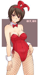 1girl animal_ear_hairband animal_ears bikini black_hair bow bowtie breasts brown_eyes cleavage commentary_request detached_collar fake_animal_ears fishnet_pantyhose fishnets girls_und_panzer hairband leotard medium_breasts nishizumi_maho pantyhose playboy_bunny rabbit_ears red_leotard short_hair side-tie_bikini_bottom solo strapless strapless_leotard swimsuit uona_telepin wrist_cuffs