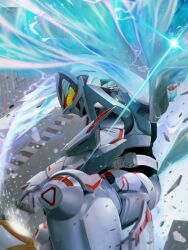 1boy absurdres armor bodysuit cape commentary desire_driver fox_mask geats_buster_qb9 glowing helmet highres holding kamen_rider kamen_rider_geats kamen_rider_geats_(series) kamen_rider_geats_ix light_particles male_focus mask md5_mismatch omochi_mochi_(mcmc_akari) revision rider_belt solo tokusatsu weapon yellow_eyes