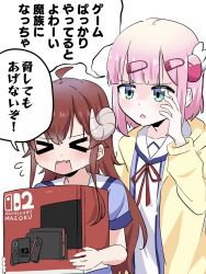 &gt;_&lt; 2girls aqua_eyes blue_shirt box chiyoda_momo demon_girl demon_horns fang fangs flying_sweatdrops hair_ornament hairclip highres holding holding_box horns imi_naize jacket long_sleeves machikado_mazoku magical_girl medium_hair multiple_girls neck_ribbon nintendo_switch_2 open_clothes open_jacket pink_hair red_hair red_ribbon ribbon sailor_collar school_uniform serafuku shirt short_sleeves simple_background skin_fang sweatdrop translation_request white_background white_sailor_collar yellow_jacket yoshida_yuuko_(machikado_mazoku)