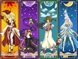 4girls acolyte_(ragnarok_online) arch_bishop_(ragnarok_online) asteroid black_blindfold black_dress black_shoes black_thighhighs blindfold blonde_hair blue_dress breasts brown_hair brown_shirt brown_shoes capelet character_name cleavage cleavage_cutout closed_eyes closed_mouth clothing_cutout cloud commentary_request crescent_moon cross dress earth_(planet) fishnet_thighhighs fishnets frilled_thighhighs frills full_body garter_straps green_eyes hairband hi_(ibisf5umauma) high_priest_(ragnarok_online) highres holding holding_staff juliet_sleeves long_hair long_sleeves looking_at_viewer medium_breasts moon multiple_girls planet priest_(ragnarok_online) puffy_sleeves ragnarok_online red_dress red_hairband sash shirt shoes short_hair side_slit skirt smile staff star_(symbol) sun thighhighs twintails two-tone_dress very_long_hair white_capelet white_dress white_hair white_sash white_skirt white_thighhighs