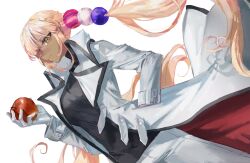 1girl apple belt black_shirt black_trim breasts coat dark-skinned_female dark_skin food from_side fruit gloves hair_ornament hand_in_pocket highres holding holding_food holding_fruit hololive hololive_english large_breasts light_brown_hair long_hair pants planet_hair_ornament quasarcake red_coat shirt sidelocks tsukumo_sana turtleneck twintails two-sided_coat two-sided_fabric very_long_hair virtual_youtuber white_background white_belt white_coat white_gloves white_pants yellow_eyes