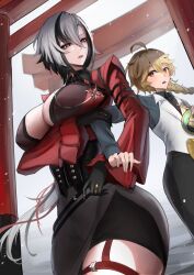 1boy 1girl absurdres aether_(genshin_impact) alternate_costume architecture arlecchino_(genshin_impact) ass black_thighhighs blonde_hair blush braid breasts east_asian_architecture genshin_impact grabbing_another&#039;s_arm hair_ornament hans-kun highres huge_ass large_breasts long_hair looking_at_another multicolored_hair nail_polish official_alternate_costume open_mouth pulling short_hair thick_thighs thighhighs thighs very_long_hair white_background white_hair yellow_eyes