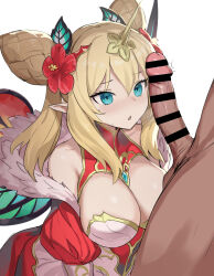 1boy 1girl bare_shoulders blue_eyes blush breasts character_request cleavage clothed_female_nude_female hair_ornament highres looking_at_penis nude open_mouth penis_awe puzzle_&amp;_dragons wamachi_(hamachi_oekaki) white_background