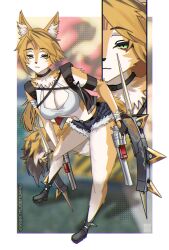 1girl animal_ear_fluff animal_ears black_choker black_gloves black_jacket black_shoes blonde_hair blue_shorts body_fur breasts cat_ears cat_girl cat_tail choker cleavage crop_top cropped_jacket fingerless_gloves furry furry_female gloves green_eyes highres holding holding_weapon jacket large_breasts long_hair looking_at_viewer muhammaddeny parted_bangs ponytail pulchra_fellini shirt shoes shorts smile solo tail weapon white_shirt yellow_fur zenless_zone_zero